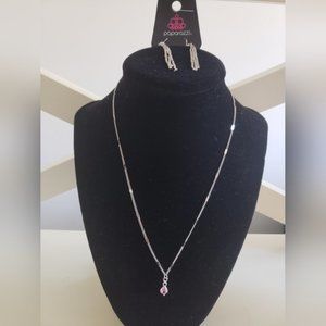 Paparazzi Silver Necklace With Small Pink Stone And Earring Set